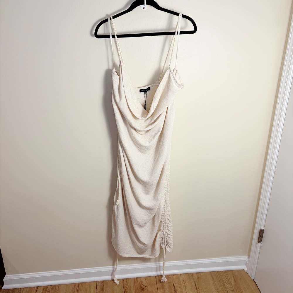 JLUXLABEL Midi Dress Womens XL Cream Linen Blend Ruched Cowl Neck Rope Straps - Picture 6 of 10